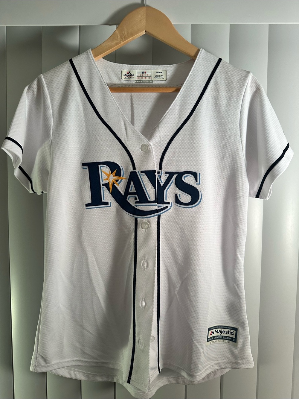 White Tampa Bay Rays Navy-Accented Womenβs Majestic Jersey